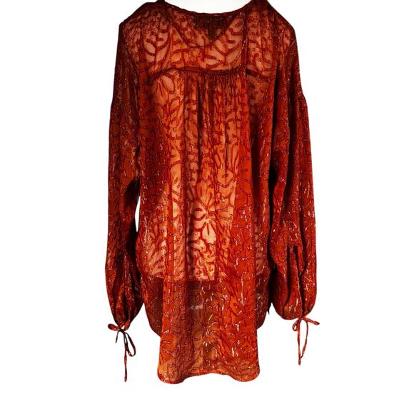 Lane Bryant Blouse Womens 14/16 Burnt Orange Sheer Boho Peasant Top Long Sleeve - Picture 7 of 11